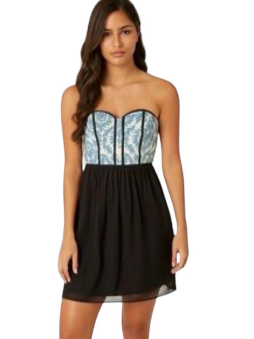 Vanity Strapless Blue Lace Bodice with Black Skirt Dress